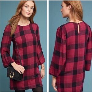 Anthro Cloth & Stone Buffalo Plaid Tunic Dress Red Black Mini Boho Fall Size S